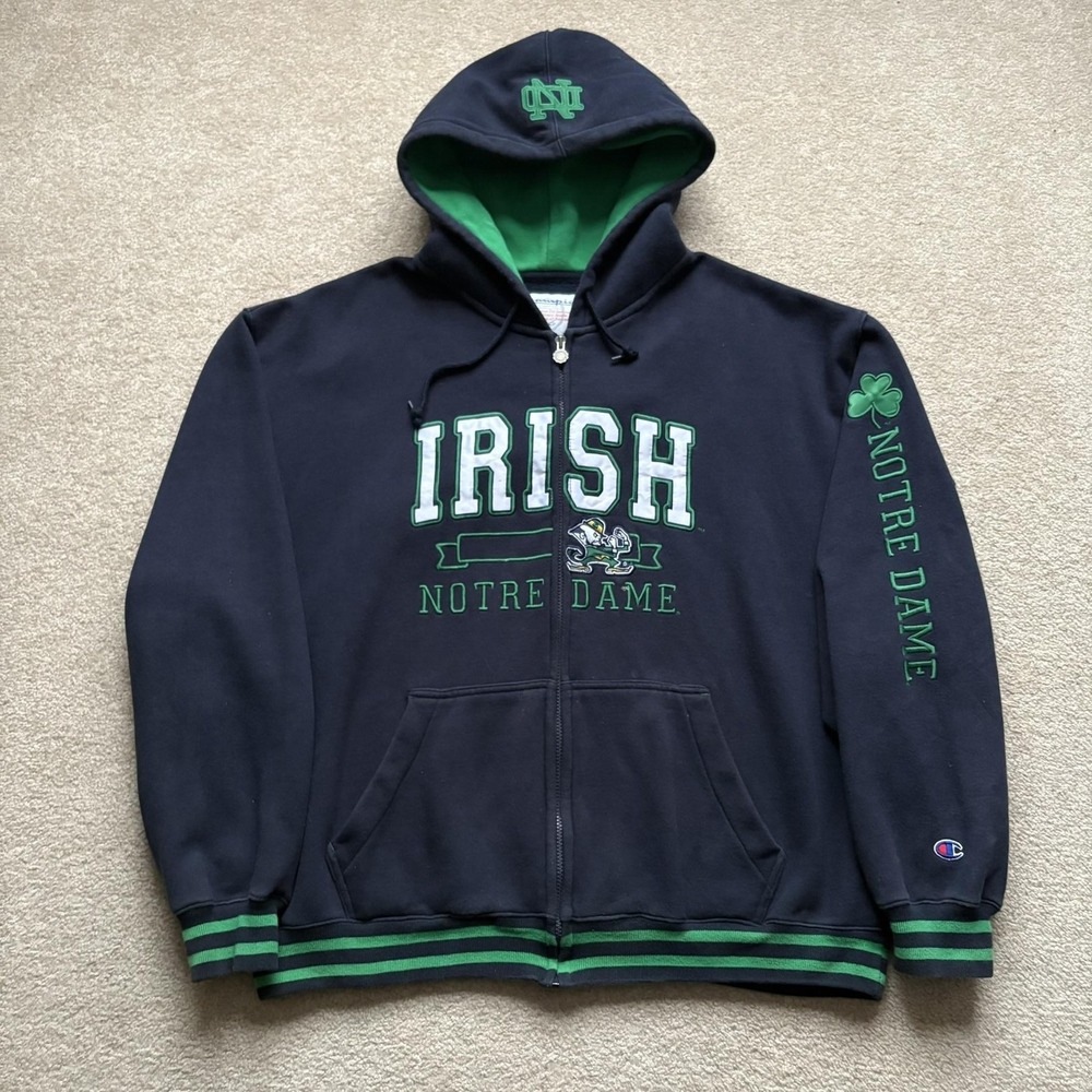 Vtg Notre Dame Fighting Irish Hoodie 90s Champion Mens XXL Navy Green Sweatshirt